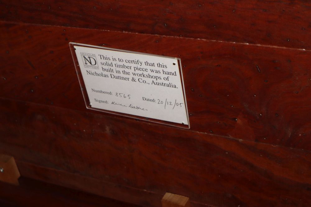 An Australian redwood coffee table from the workshops of Nicholas Dattner & Co., L.150cm, W.75cm, H.32.5cm